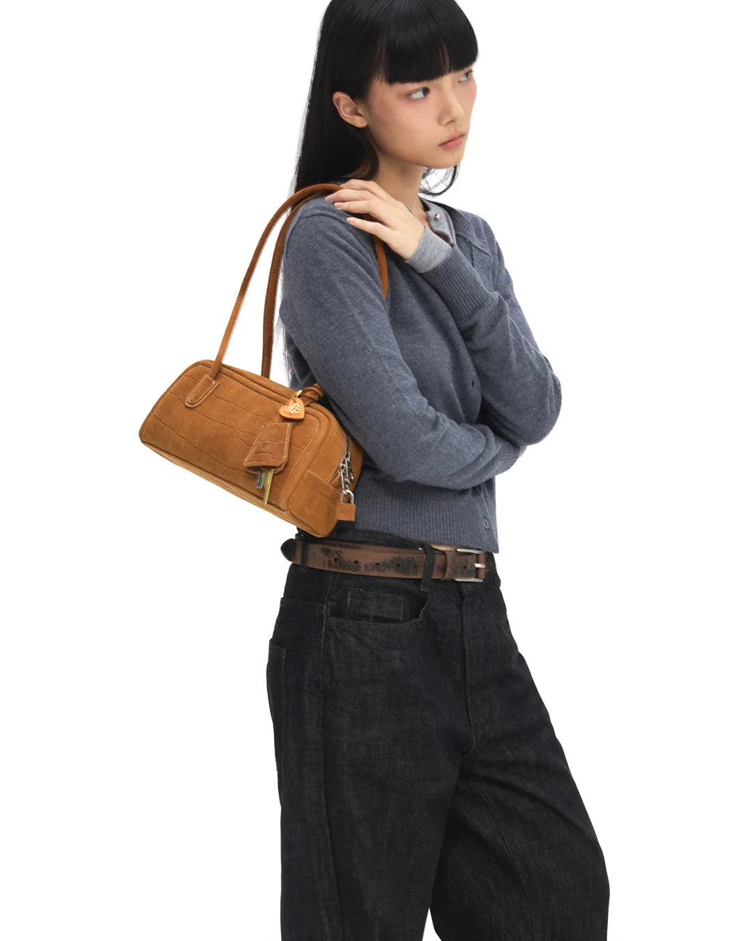 Beersister Suede Crocodile-Embossed Cowhide Rectangle Boston