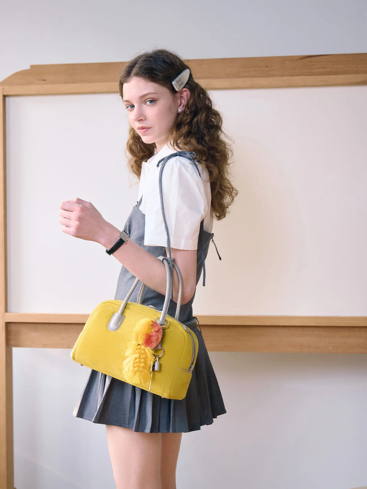 Beersister Sheepskin Suede Two-Tone Boston Bag Yellow
