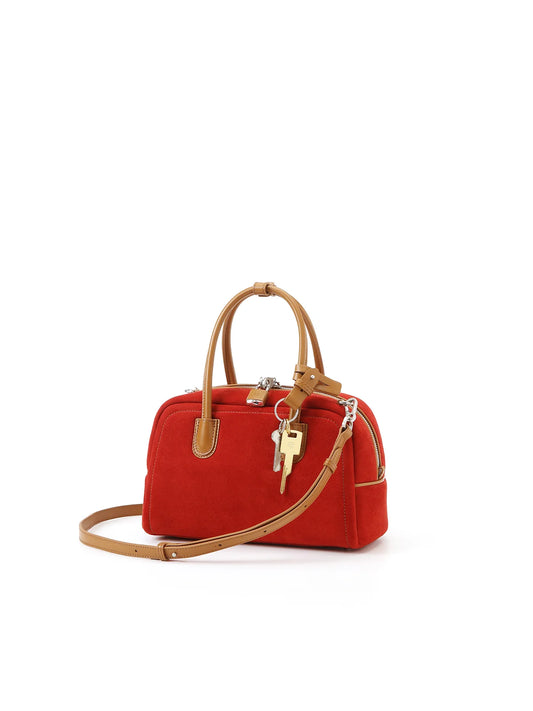 Beersister Sheepskin Suede Two-Tone Boston Bag Red