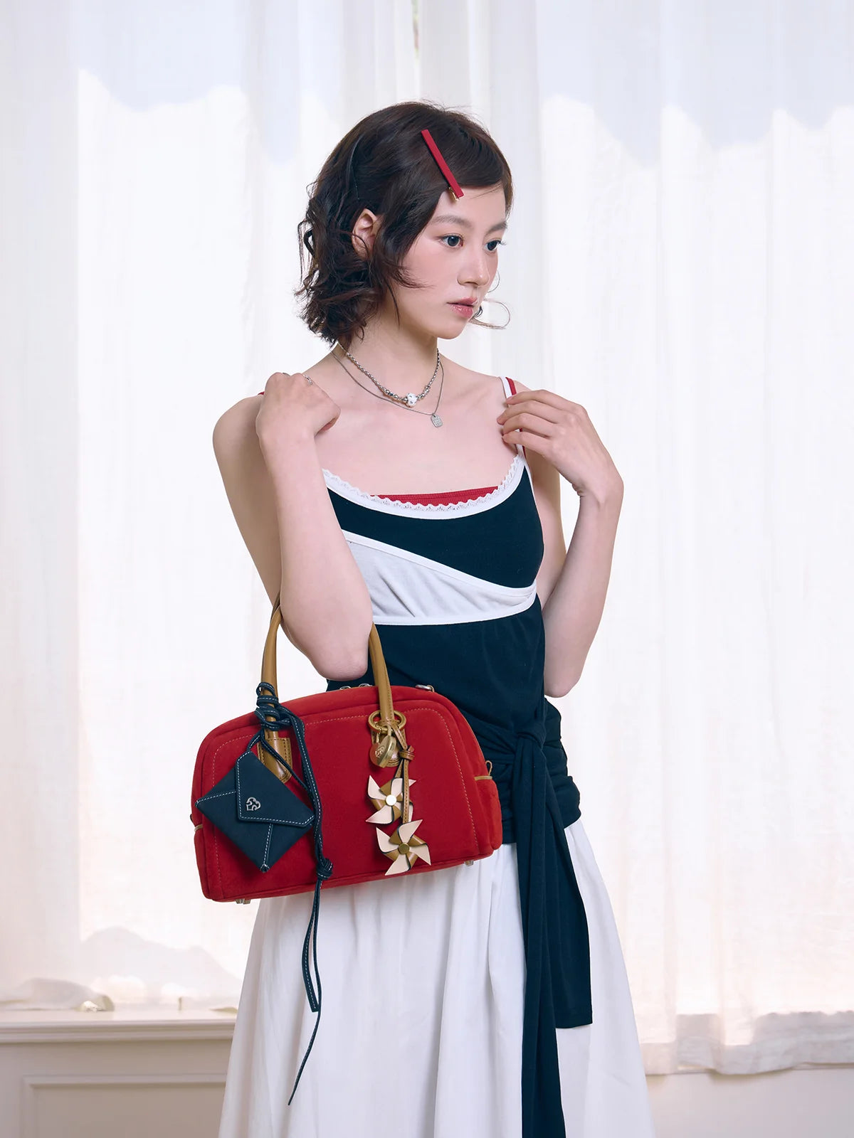 Beersister Sheepskin Suede Two-Tone Boston Bag Red